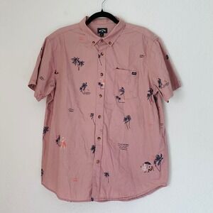 Billabong Button Down Shirt Men L Pink Tropical Palm Tree Skeleton Beach Surf